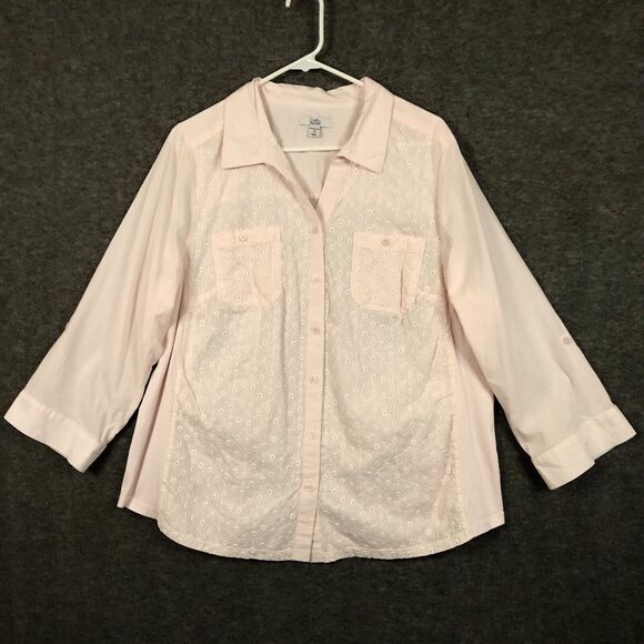 Croft & Barrow Eyelet Lace Blouse Womens XL Pale Pink Button Up L/SLV Pockets - Picture 1 of 9